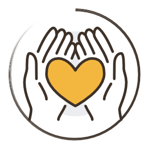 Das Icon zeigt 2 Hände , die ein gelbes Herz in der Mitte halten. Umrandet mit einem Kreis.