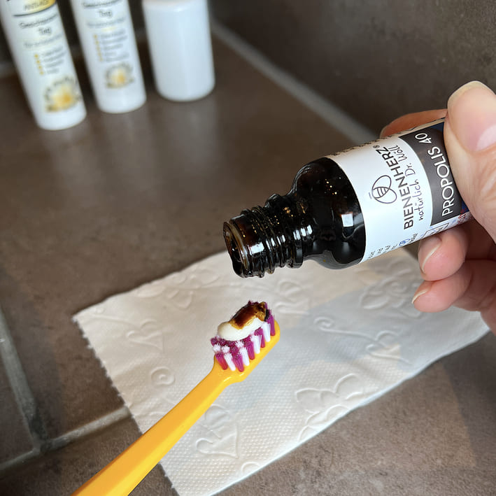 Propolis Tinktur wird auf ein normale Handzahnbürste mit Zahncreme getropft