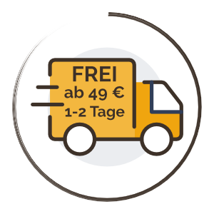 Icon von Bienenherz zeigt Auto, auf dem steht: ab 49 Euro versandkostenfrei und Lieferzeit 1-2 Tage.zeigt 