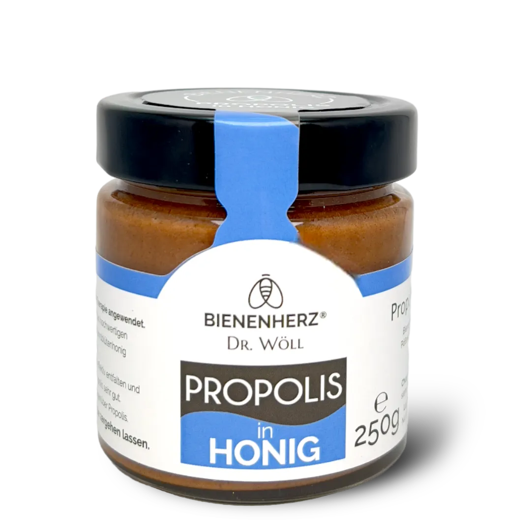Frontal fotografiertes Glas von 250g Proplolis in Honig - markant kontrastreiches Etikett von Bienenherz.